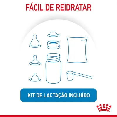 Texto: Fácil de reidratar. Kit de lactação incluído. Ilustração de biberão, tetinas, doseador, saco e acessórios do kit. Texto: Fácil de reidratar. Kit de lactação incluído. Ilustração de biberão, tetinas, doseador, saco e acessórios do kit.