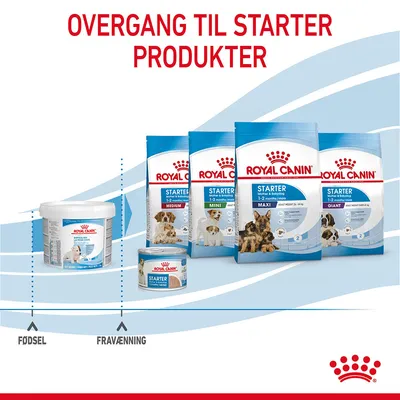 Royal Canin produkter til hvalpe: mælkepulver, dåsemad og tørfoder Starter Medium, Mini, Maxi, Giant. Tekst: Overgang til starter produkter, fødsel, fravænning.