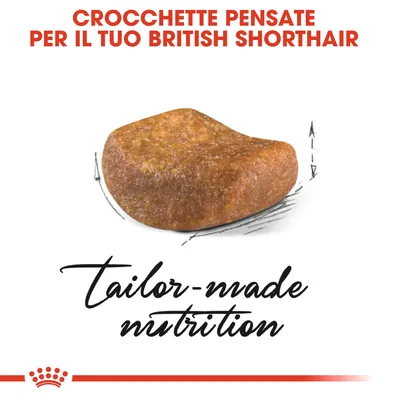 Testo: Crocchette pensate per il tuo British Shorthair. Immagine di una crocchetta. Testo in inglese: tailor-made nutrition.