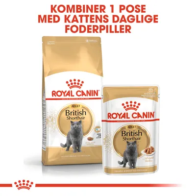 Royal Canin Adult British Shorthair tør- og vådfoder. Tekst: Kombiner 1 pose med kattens daglige foderpiller. Vådfoderpose 85 g synlig.
