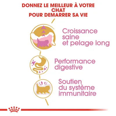 Donnez le meilleur à votre chat pour démarrer sa vie. Croissance saine et pelage long, performance digestive, soutien du système immunitaire.