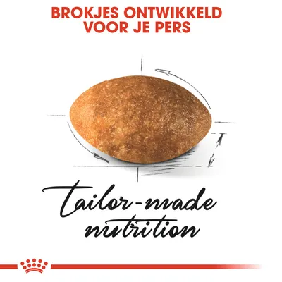Brokjes ontwikkeld voor je Pers. Tekst: tailor-made nutrition. Afbeelding van een brokje met schetslijnen eromheen.