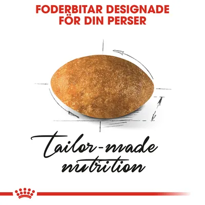 Foderbitar designade för din perser. tailor-made nutrition. Bild på en foderbit med ritade pilar runtom.