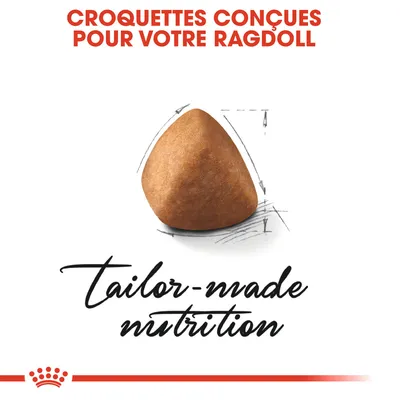 Croquettes conçues pour votre Ragdoll. tailor-made nutrition (texte en anglais). Croquette triangulaire au centre de l’image.