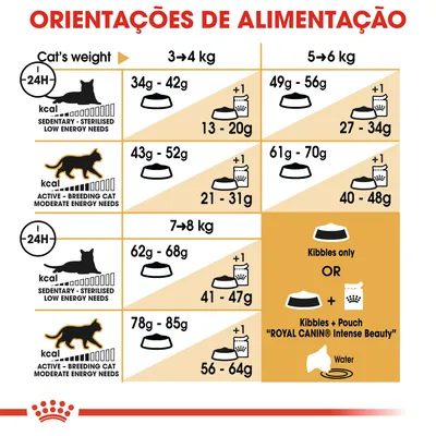 Tabela de orientações de alimentação para gatos sedentários e ativos, por peso (3–8 kg), com doses diárias em gramas de ração seca e húmida. Inclui referência a Royal Canin Intense Beauty.