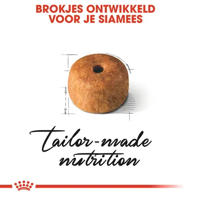 Brokjes ontwikkeld voor je Siamees. Tekst: tailor-made nutrition. Afbeelding van een rond kattenbrokje met gat in het midden.