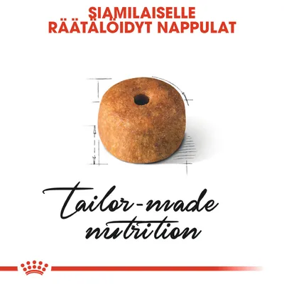 SIAMILAISELLE RÄÄTÄLÖIDYT NAPPULAT, teksti englanniksi: tailor-made nutrition, kuva pyöreästä nappulasta