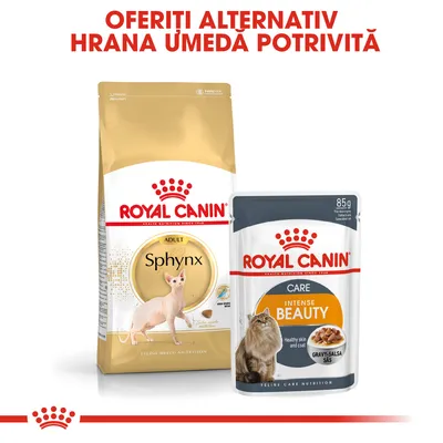 Pachet hrană uscată Royal Canin Sphynx Adult și plic hrană umedă Royal Canin Intense Beauty 85g. Text vizibil: Oferiți alternativ hrana umedă potrivită.