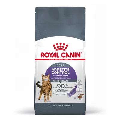 Sachet de croquettes Royal Canin Care Appetite Control pour chats, texte visible : aide à contrôler la satiété, plus de 90 % des propriétaires constatent moins de mendicité en 4 semaines.