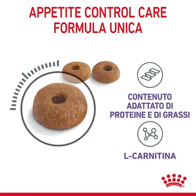 Appetite Control Care Formula Unica, crocchette. Contenuto adattato di proteine e di grassi, L-carnitina. Marchio Royal Canin visibile.