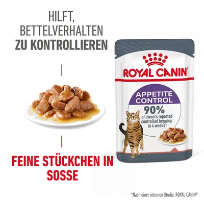Royal Canin Appetite Control, feine Stückchen in Sosse. Hilft, Bettelverhalten zu kontrollieren. 90% der Besitzer berichteten über kontrolliertes Betteln nach 4 Wochen.