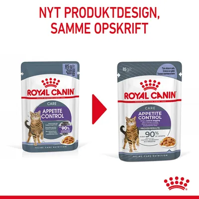Royal Canin Appetite Control kattemad 85 g. Nyt produktdesign, samme opskrift. To poser vises: tidligere og nuværende emballage med teksten 'Appetite Control' og billede af kat.