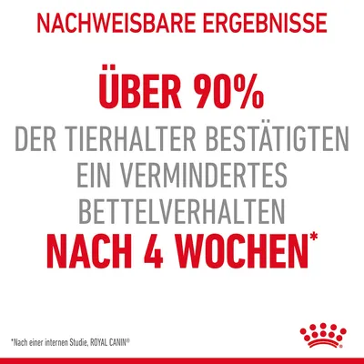 Nachweisbare Ergebnisse: Über 90% der Tierhalter bestätigten ein vermindertes Bettelverhalten nach 4 Wochen. Nach einer internen Studie, Royal Canin.