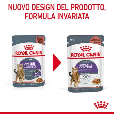 Confronto tra vecchio e nuovo design della confezione Royal Canin Care Appetite Control 85 g per gatti. Testo: 'Nuovo design del prodotto, formula invariata'.