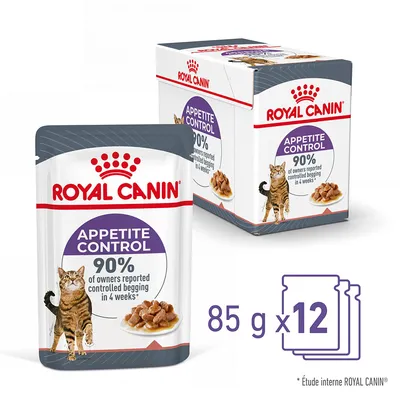 ROYAL CANIN Appetite Control, sachet de 85 g et boîte visible, lot de 12. Texte sur l’emballage : 90 % of owners reported controlled begging in 4 weeks*. Illustration d’un chat et croquettes.