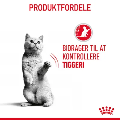 Tekst: PRODUKTFORDELE. Bidrager til at kontrollere tiggeri. Rød cirkel med hvid katteikon. Kat sidder oprejst. Royal Canin krone nederst.