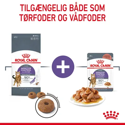 Royal Canin Appetite Control kattefoder, både tør- og vådfoder. Tekst: Tilgængelig både som tørfoder og vådfoder. Synlige poser med tørfoder og vådfoder samt foder på tallerken.