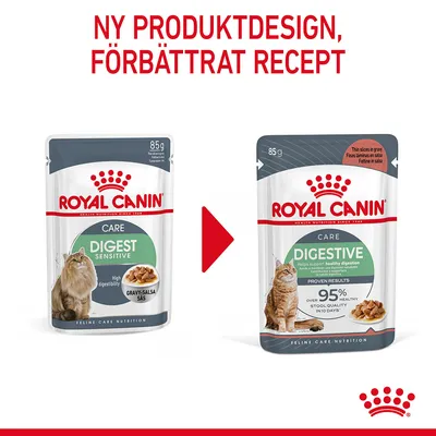 Ny produktdesign, förbättrat recept. Två förpackningar Royal Canin Digest/Digestive Care 85 g kattmat i sås visas sida vid sida med pil mellan dem.