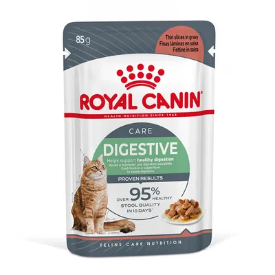 Plic hrană umedă pentru pisici Royal Canin Digestive Care 85 g, text vizibil: 'Helps support healthy digestion', 'over 95% healthy stool quality in 10 days', felii subțiri în sos, imagine pisică și hrană.