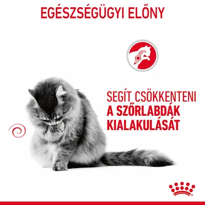 EGÉSZSÉGÜGYI ELŐNY. SEGÍT CSÖKKENTENI A SZŐRLABDÁK KIALAKULÁSÁT. Macska képe, Royal Canin logóval.