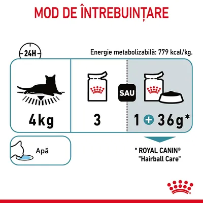 Mod de întrebuințare: pentru o pisică de 4 kg, 3 plicuri sau 1 plic plus 36 g hrană uscată Royal Canin Hairball Care. Energie metabolizabilă: 779 kcal/kg. Apă proaspătă.
