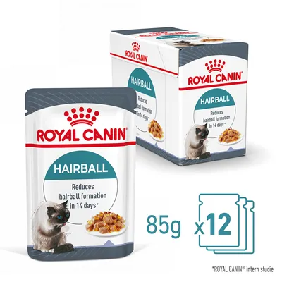 ROYAL CANIN HAIRBALL, 12 portionspåsar à 85 g. Text: Reduces hairball formation in 14 days*. Bild på katt och våtfoder. *ROYAL CANIN intern studie.