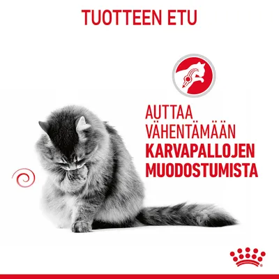 Teksti: Tuotteen etu. Auttaa vähentämään karvapallojen muodostumista. Kuvassa kissa ja Royal Canin -logo.