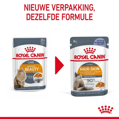 Royal Canin kattenvoer 85g: oude verpakking 'Intense Beauty', nieuwe verpakking 'Hair & Skin'. Tekst bovenaan: Nieuwe verpakking, dezelfde formule.
