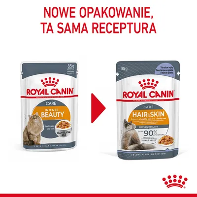 Nowe opakowanie karmy Royal Canin Care dla kotów: zmiana z Intense Beauty na Hair & Skin, 85 g. Widoczne napisy: 'NOWE OPAKOWANIE, TA SAMA RECEPTURA'.