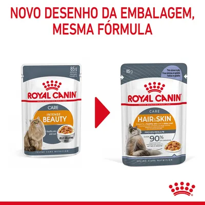 Royal Canin Care Intense Beauty 85 g com novo design de embalagem, agora chamado Hair & Skin. Texto: 'Novo desenho da embalagem, mesma fórmula'.
