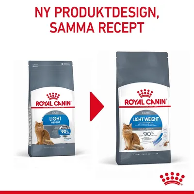 Royal Canin Care Light Weight kattmat, bild på gammal och ny förpackning. Text: Ny produktdesign, samma recept. 90 % bevisade resultat efter 8 veckor.