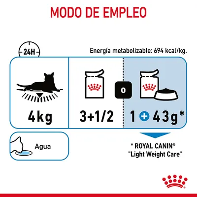 Modo de empleo para gato de 4 kg: 3 y 1/2 sobres o 1 sobre más 43 g de pienso Royal Canin Light Weight Care. Energía metabolizable: 694 kcal/kg. Agua disponible.