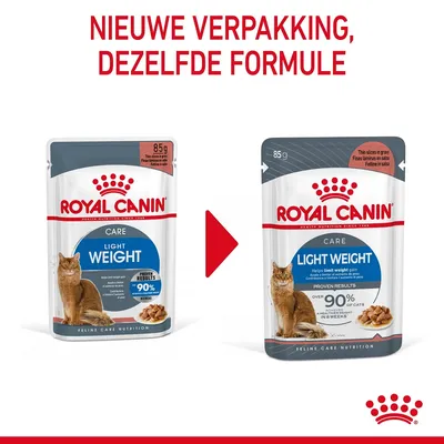 Royal Canin Light Weight Care kattenvoer 85g, oude en nieuwe verpakking naast elkaar. Tekst boven: 'Nieuwe verpakking, dezelfde formule'.