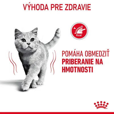 Výhoda pre zdravie. Pomáha obmedziť priberanie na hmotnosti. Ikona s nápisom Kcal a obrázok mačky. Značka Royal Canin.