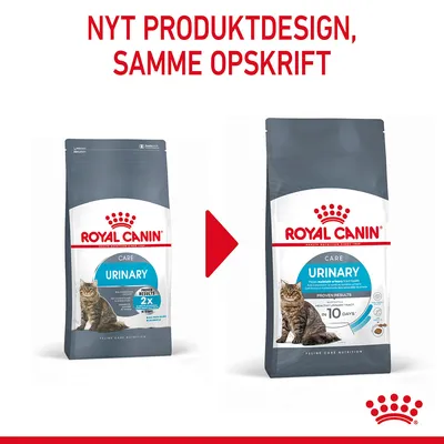 ROYAL CANIN CARE URINARY kattefoder. Nyt produktdesign, samme opskrift. Billede viser gammel og ny emballage med tekst: PROVEN RESULTS IN 10 DAYS.