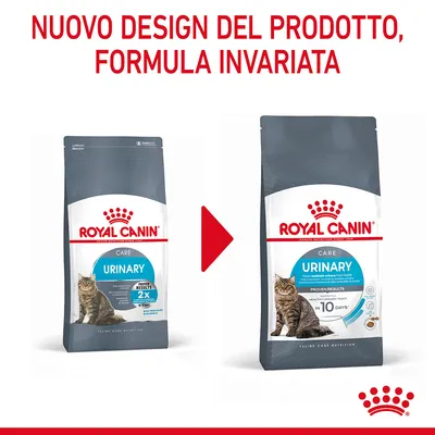 Nuovo design del prodotto, formula invariata. Due confezioni di Royal Canin Care Urinary per gatti mostrate a confronto, con freccia rossa tra le due.