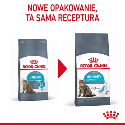 Nowe opakowanie karmy Royal Canin Care Urinary dla kotów, ta sama receptura. Widoczne dwa różne opakowania produktu z kotem i logo Royal Canin.