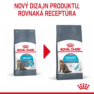 ROYAL CANIN CARE URINARY pre mačky, zmena dizajnu balenia, rovnaká receptúra. Na obrázku starý a nový obal produktu s textom: NOVÝ DIZAJN PRODUKTU, ROVNAKÁ RECEPTÚRA.