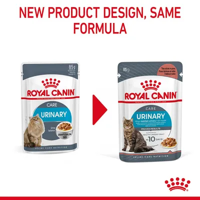 Royal Canin Care Urinary 85g cat food pouches, old and new packaging side by side. Text: New product design, same formula.