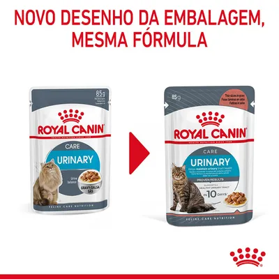 Royal Canin Care Urinary 85 g para gatos, imagem de duas embalagens diferentes com texto: 'Novo desenho da embalagem, mesma fórmula'.