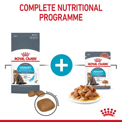 Royal Canin Urinary Care dry cat food bag and wet pouch, both with visible branding and text: 'Proven results', 'Health benefit in 10 days', plus images of kibble and chunks in gravy. Complete nutritional programme.