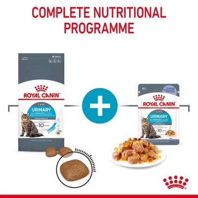 Image showing Royal Canin Urinary dry and wet food with text 'Complete Nutritional Programme', highlighting both product types for a combined feeding approach.