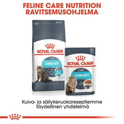 Royal Canin Care Urinary -kuivaruoka ja 85 g säilykeruoka kissoille. Teksti: Feline Care Nutrition Ravitsemusohjelma. Kuiva- ja säilykeruokareseptiemme täydellinen yhdistelmä.