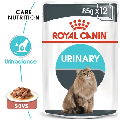 ROYAL CANIN URINARY 85g x12, Care Nutrition, Urinbalance, sovs. Billede af kat og portionspose med vådfoder.