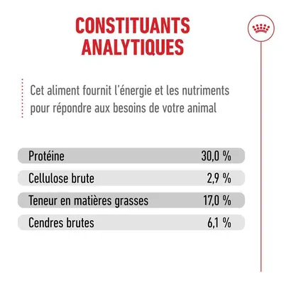 Constituants analytiques : protéine 30,0 %, cellulose brute 2,9 %, teneur en matières grasses 17,0 %, cendres brutes 6,1 %. Fournit de l'énergie et des nutriments à votre animal. Constituants analytiques : protéine 30,0 %, cellulose brute 2,9 %, teneur en matières grasses 17,0 %, cendres brutes 6,1 %. Fournit de l'énergie et des nutriments à votre animal.