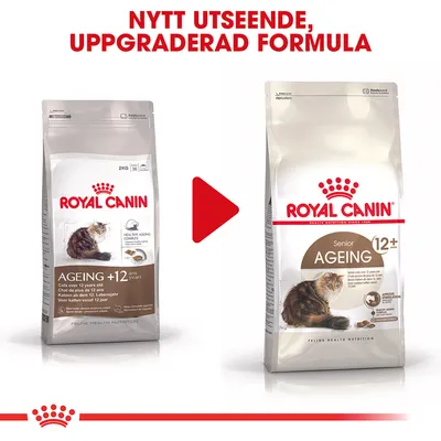Royal Canin Ageing 12+ kattmat, bild på gammal och ny förpackning. Text: Nytt utseende, uppgraderad formula. Synlig kattbild och produktnamn på båda påsarna.