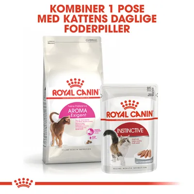 Royal Canin Feline Preference AROMA Exigent tørfoder og Royal Canin Instinctive 85 g vådfoder. Tekst: Kombiner 1 pose med kattens daglige foderpiller.