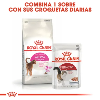 ROYAL CANIN Feline Preference AROMA Exigent y ROYAL CANIN INSTINCTIVE 85 g. Texto: Combina 1 sobre con sus croquetas diarias.