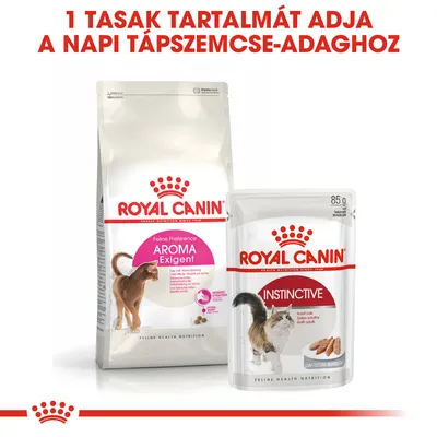 Royal Canin Aroma Exigent száraztáp és Royal Canin Instinctive 85 g nedves eledel macskáknak. Felirat: 1 tasak tartalmát adja a napi tápszemcse-adaghoz.