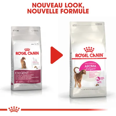 Comparaison de deux paquets Royal Canin pour chats difficiles : ancien emballage Exigent 33 à gauche, nouveau look et formule Aroma Exigent à droite. Texte en haut : Nouveau look, nouvelle formule.